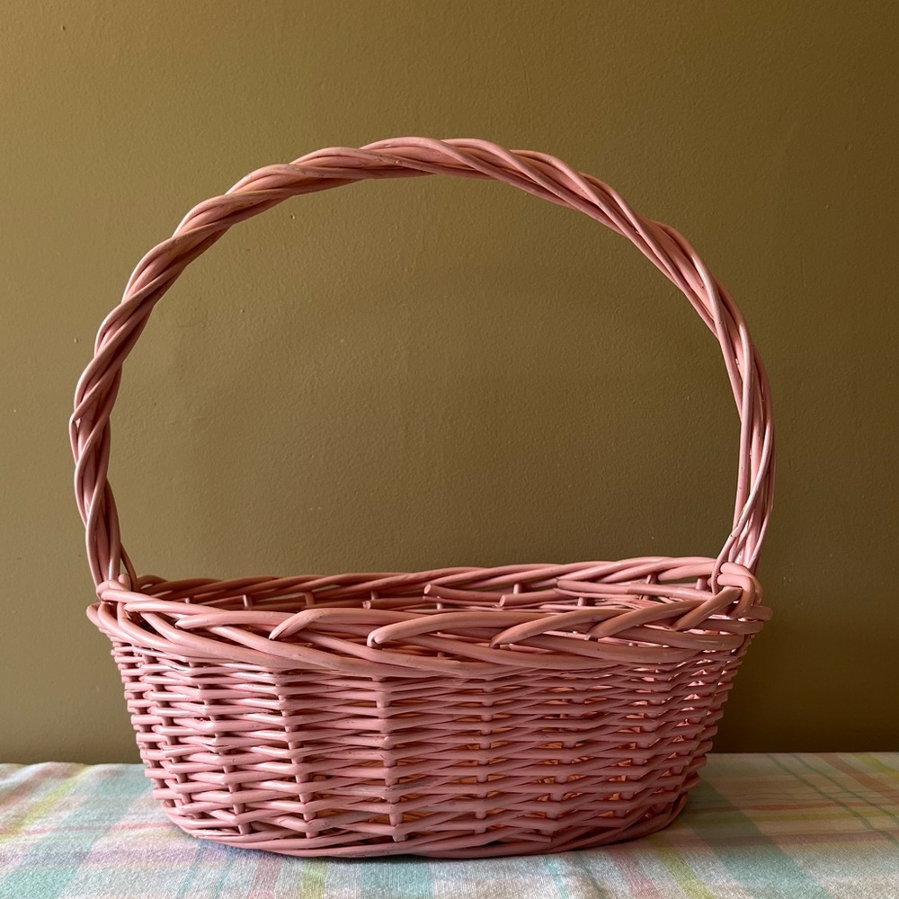 Vintage Pink Wicker Basket With Handle